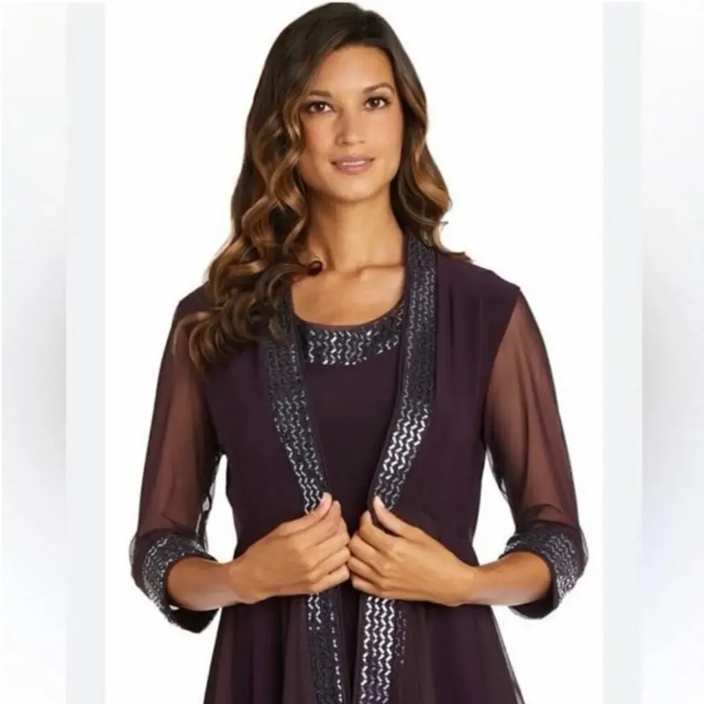 R&M Richards Purple Beaded Sheer Sleeve 2 Piece Jacket Dress Size 14